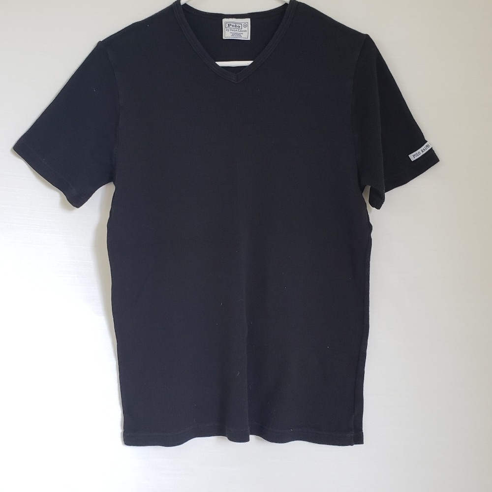 Vintage Cotton Waffle Knit Black V-Neck Short Sleeve Tee